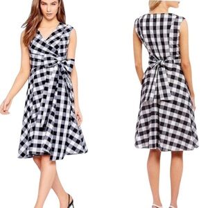 Calvin Klein Black White Buffalo Check Gingham Tie Waist Faux Wrap Midi Dress 8